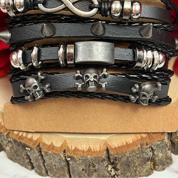 5 Pcs Set Punk Rock Infinity Skull Braided Leather Rope Bracelets - Picture 11 of 14